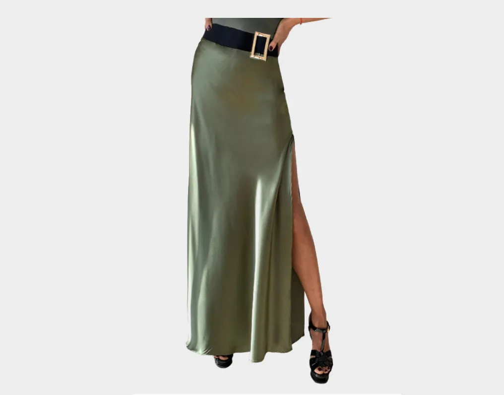 11. Tuxedo Fern Green Long High Slit Skirt - The Milano Si