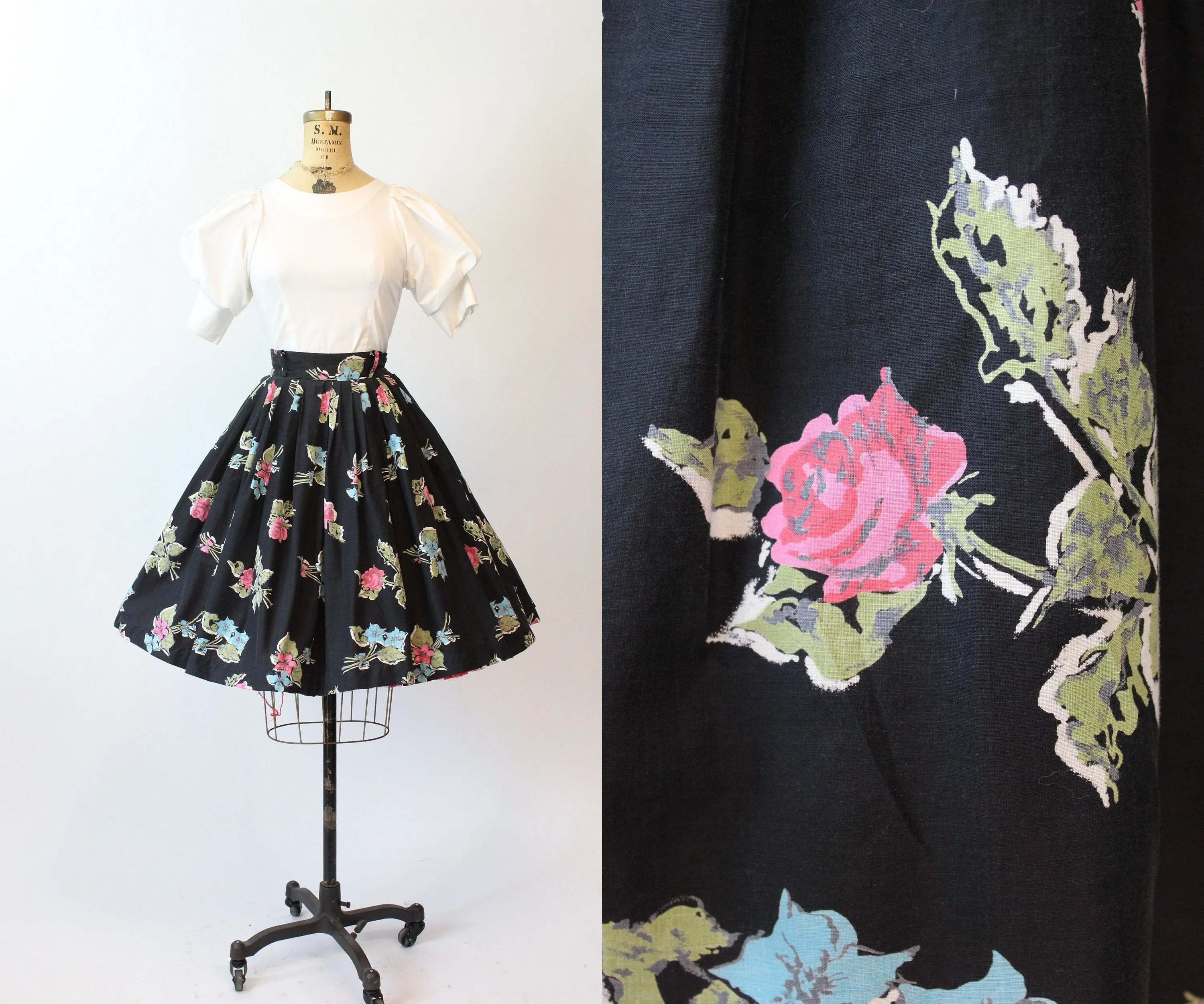 1950s PINK ROSE print cotton skirt small | new spring summer