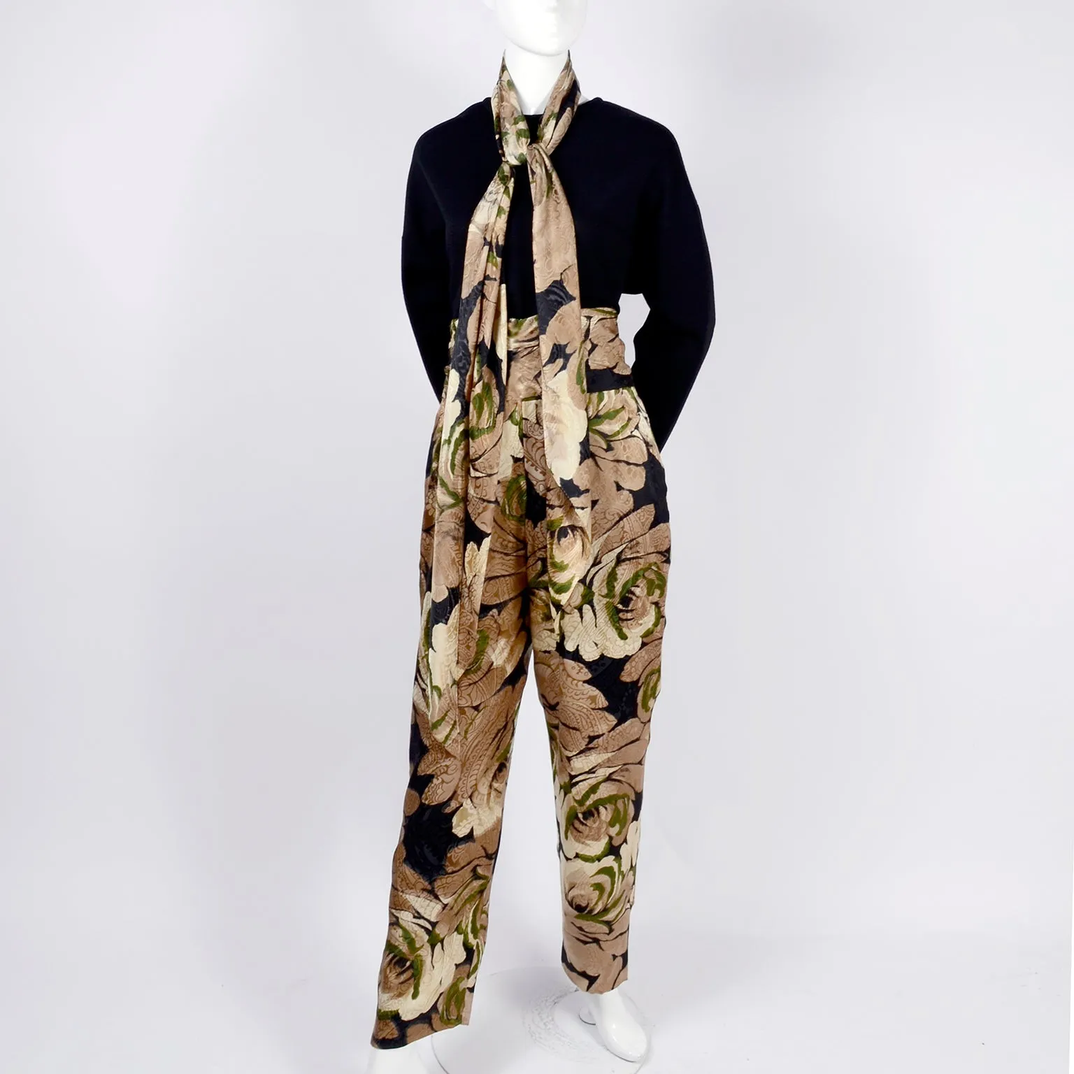 1985 Bill Blass Brown Floral Silk Long Coat, Pants, Black Wool Top & Scarf Outfit