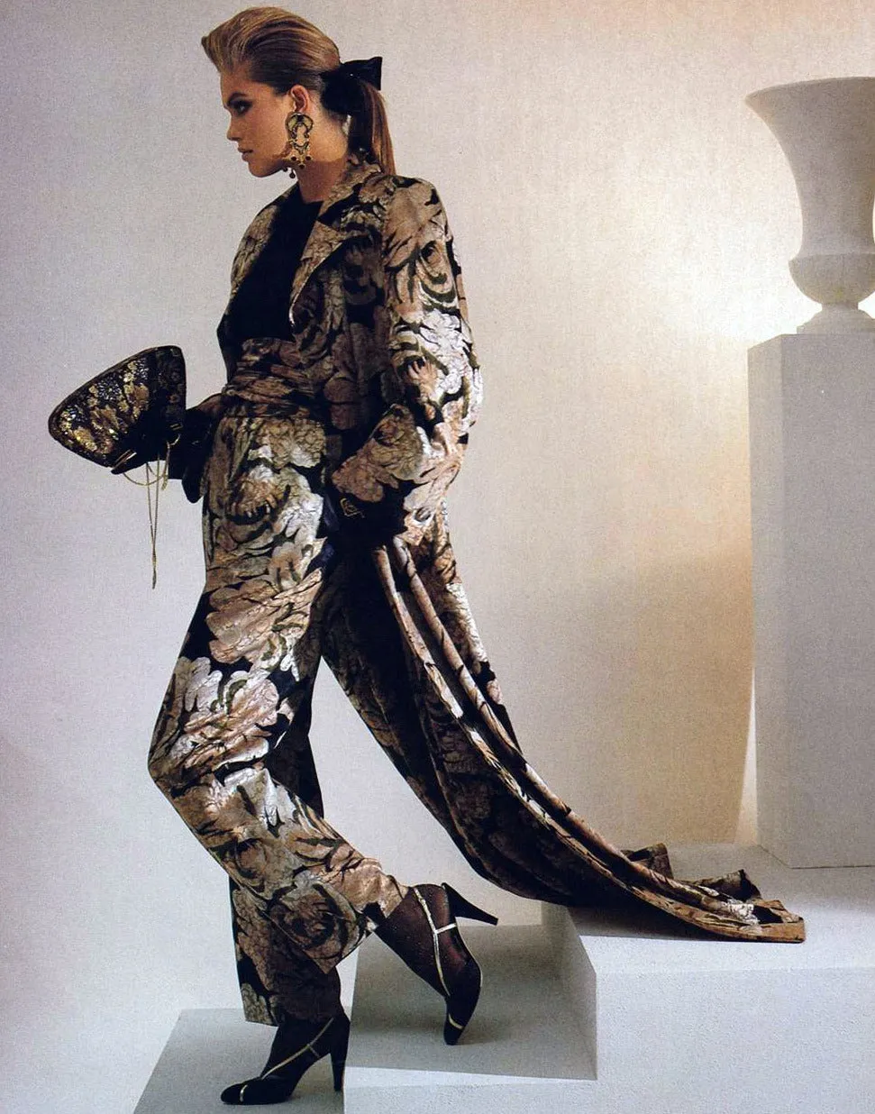 1985 Bill Blass Brown Floral Silk Long Coat, Pants, Black Wool Top & Scarf Outfit