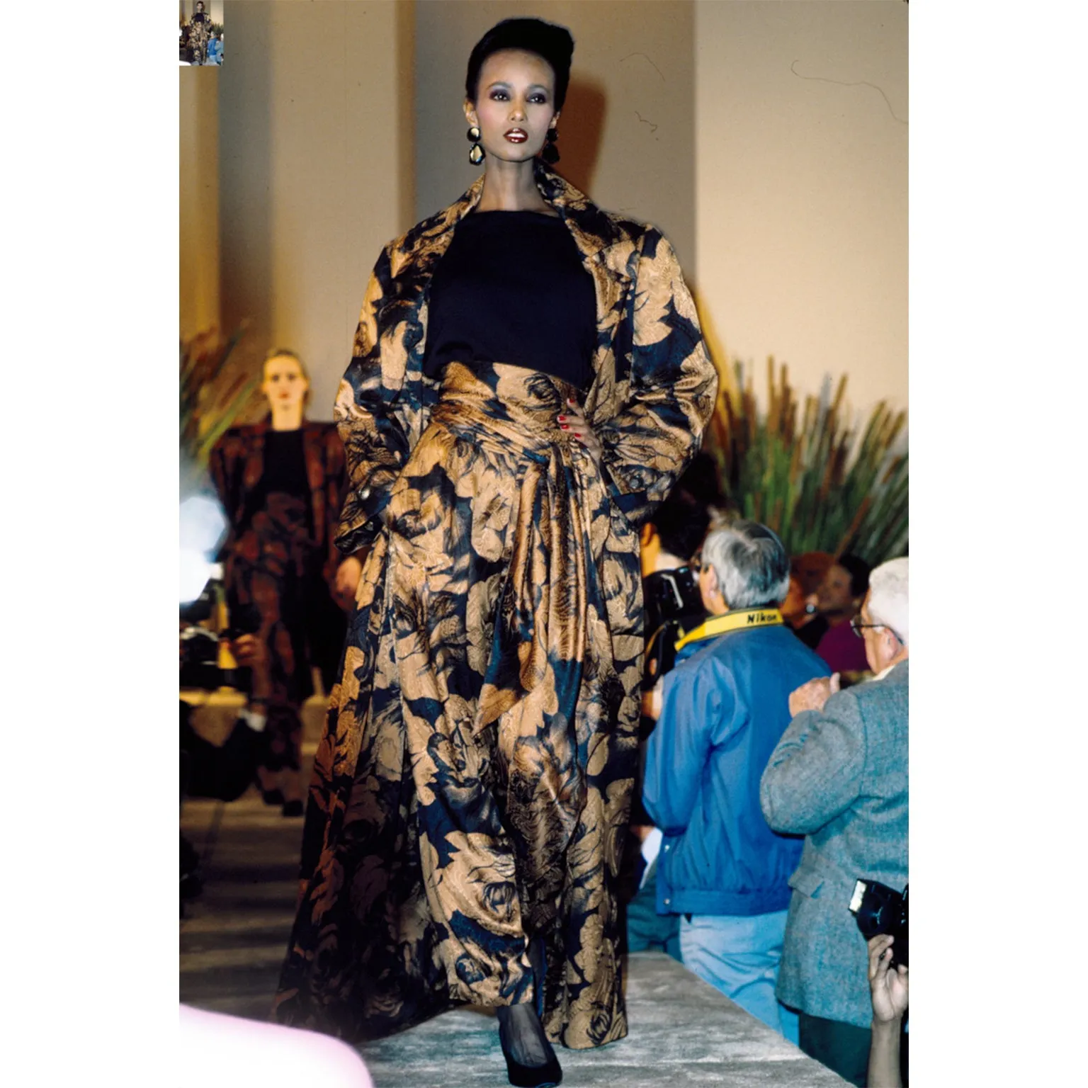 1985 Bill Blass Brown Floral Silk Long Coat, Pants, Black Wool Top & Scarf Outfit