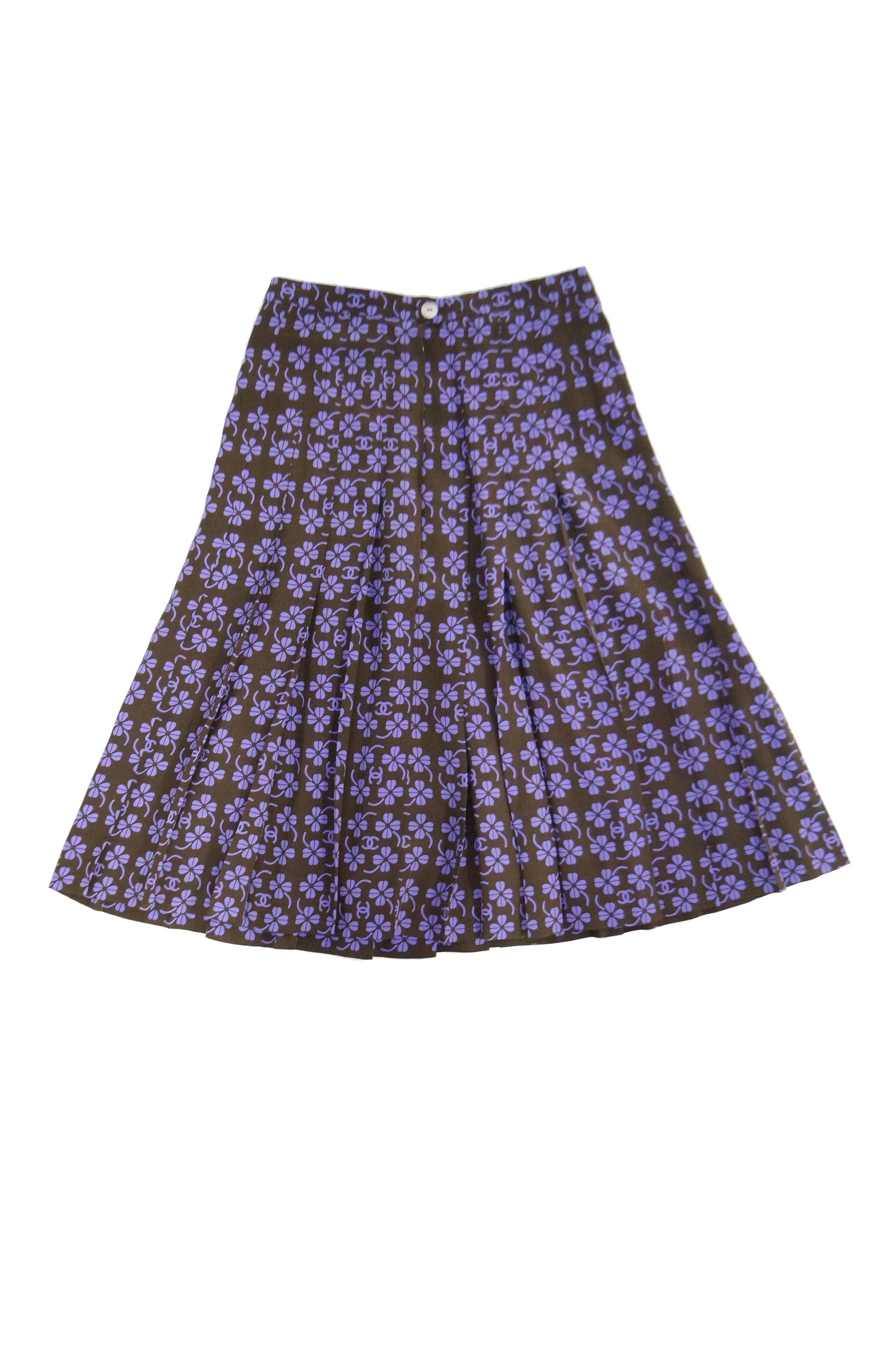 2001 NWT Chanel Purple and Brown Mark Lucky Clover Pleated Skirt