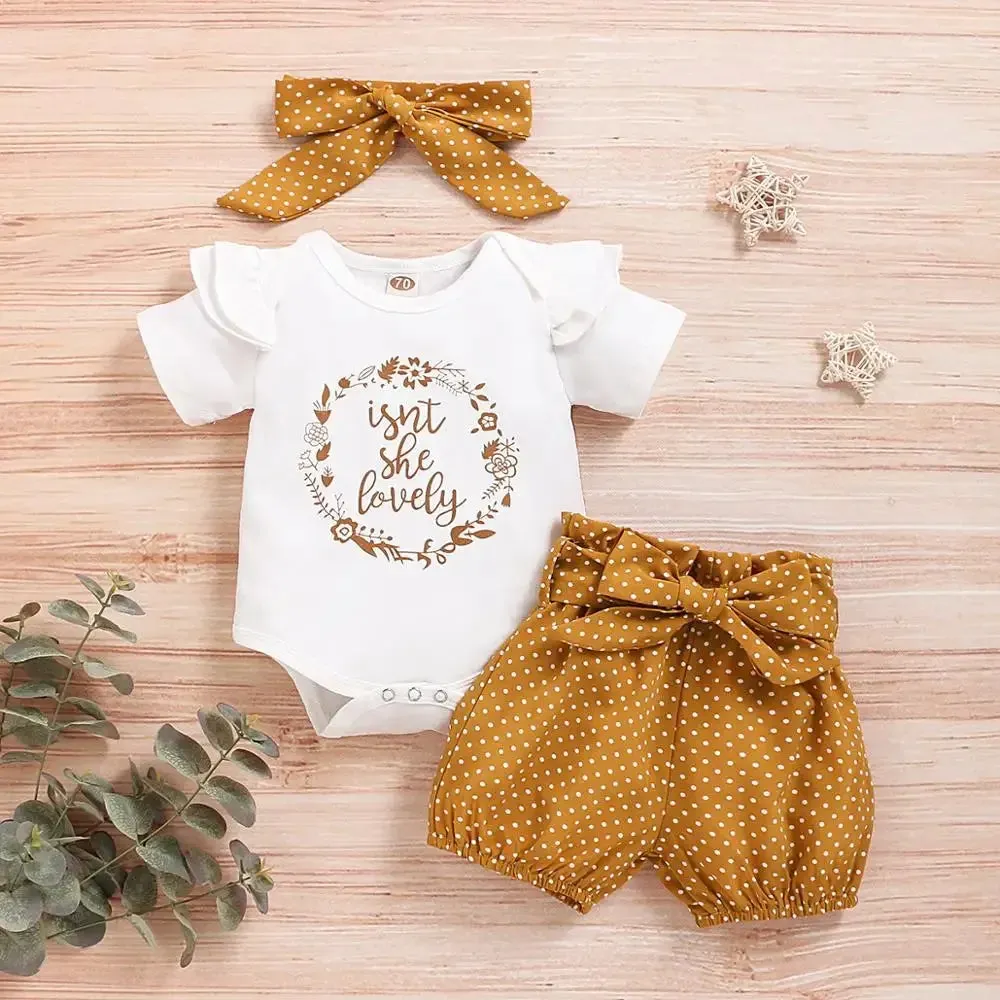 3PCS Set Newborn Baby Girls Clothing Set Tracksuit Romper Jumpsuit Tops Dot Print Pants Headband Outfits Clothes Set Summer Fall