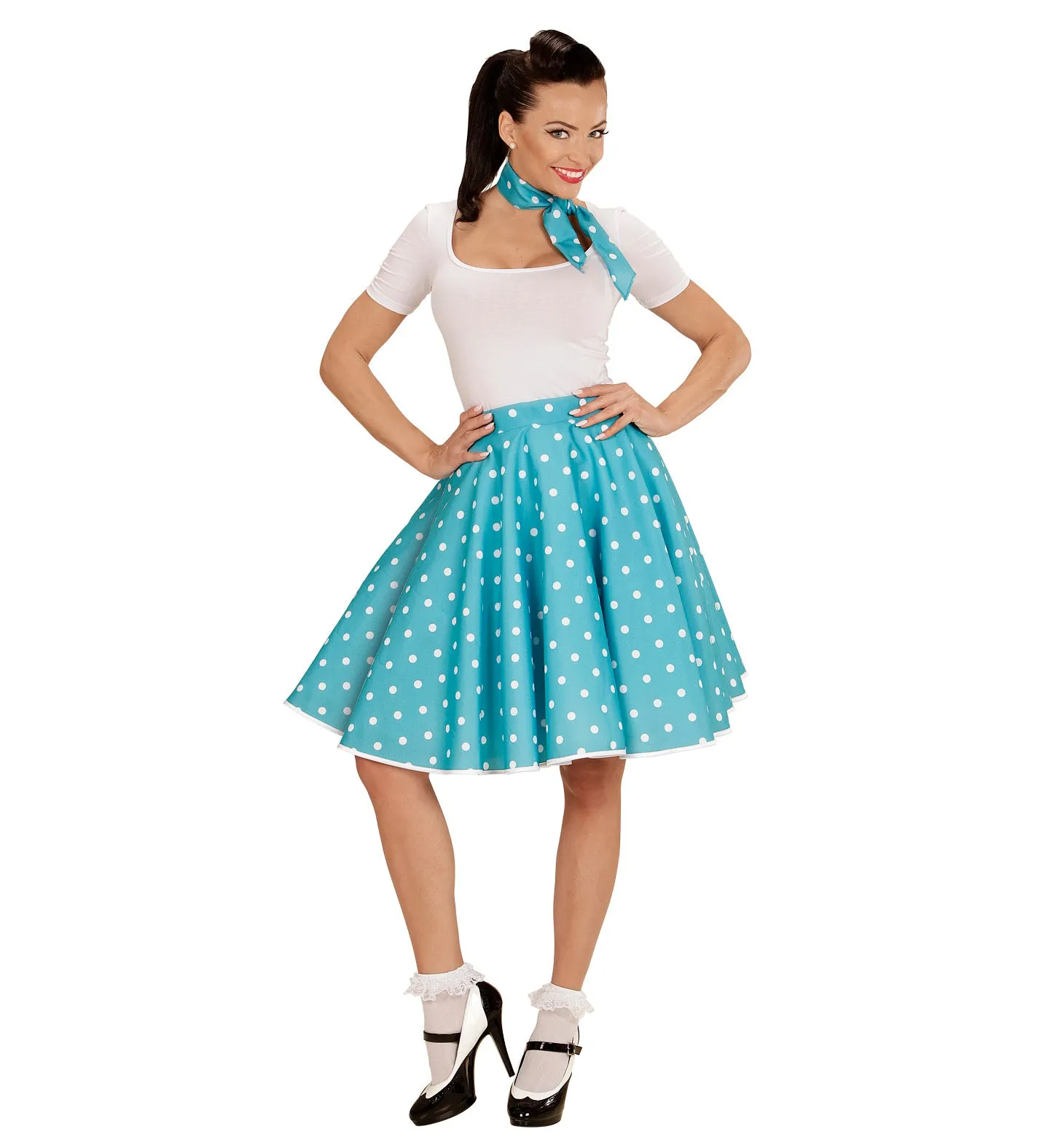 50's Rockabilly Blue Polka Dot Skirt and Neckscarf