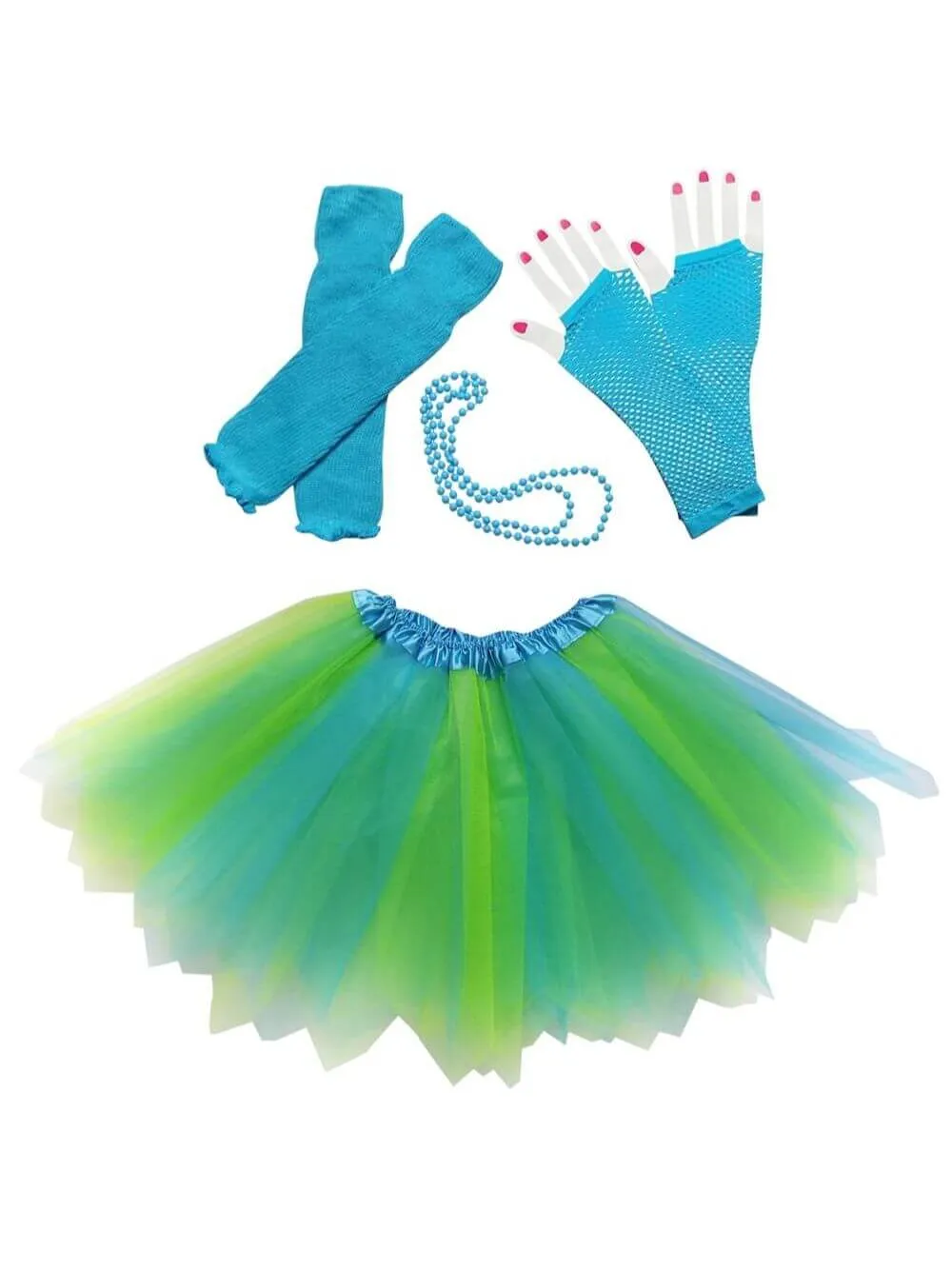 80s Costume in Neon Blue & Lime Green - 4 Piece Pixie Tutu Set for Girls, Adult, & Plus Sizes