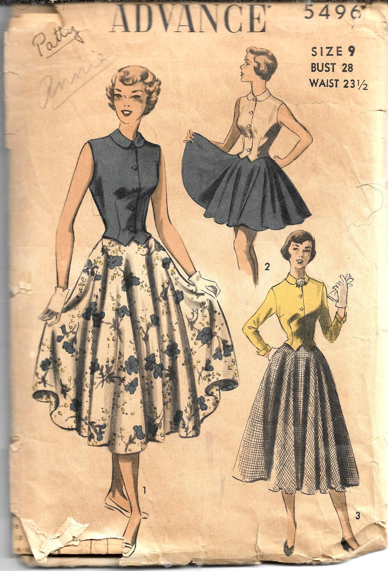 Advance 5496 Vintage Sewing Pattern 1950s Ladies Skirt Sleeveless Blouse Unprinted