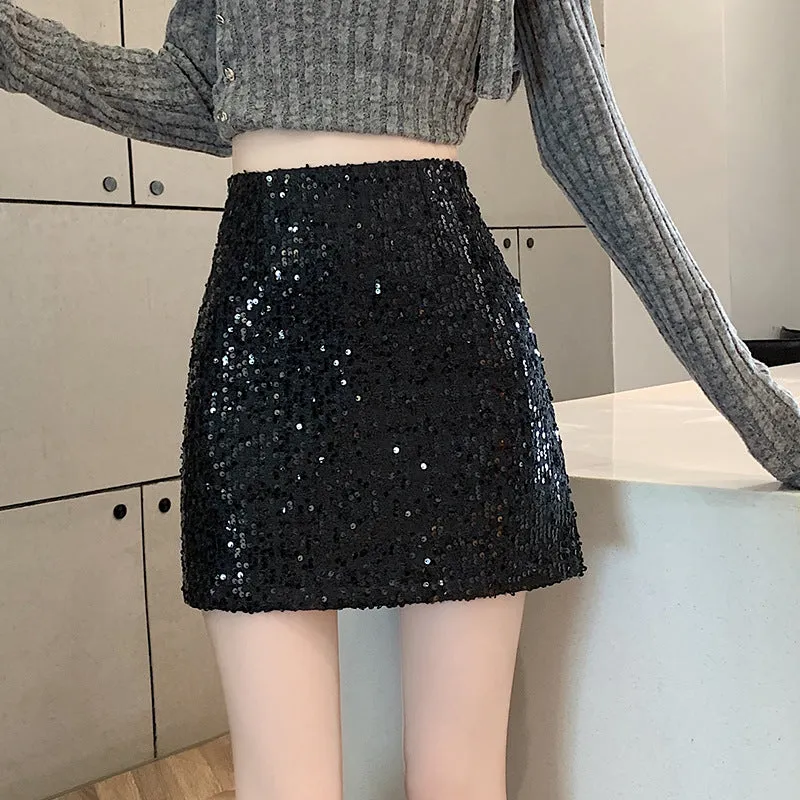 Aiertu fall outfits Skirt Skirt Shiny Skirt Woolen Sequined Skirt Tweed Hip Skirt