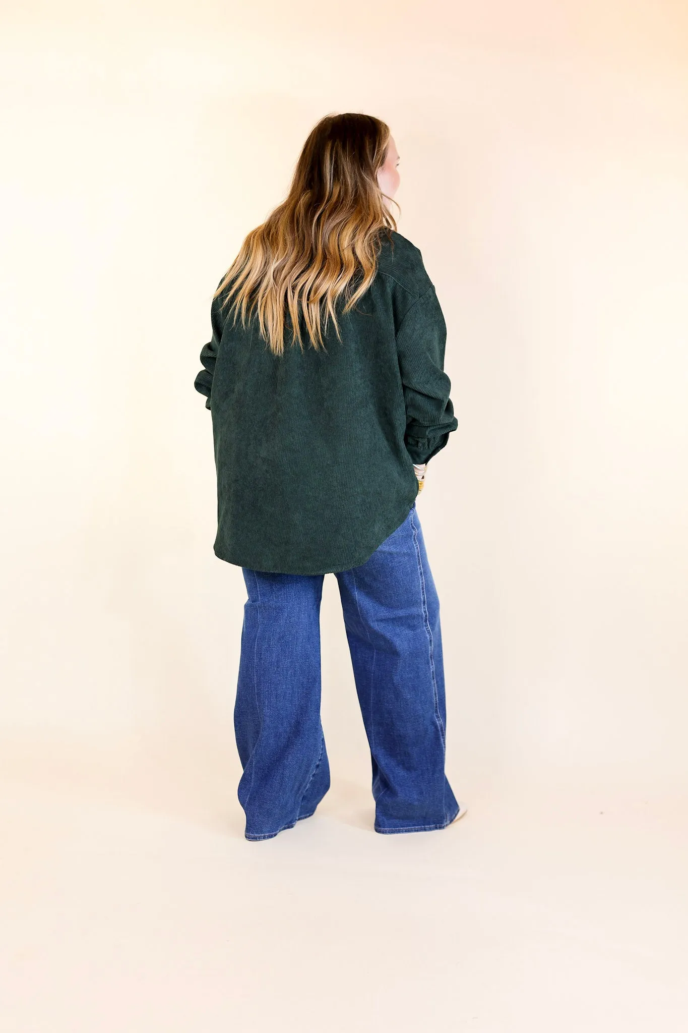 All Dolled Up Button Up Corduroy Shacket in Forest Green