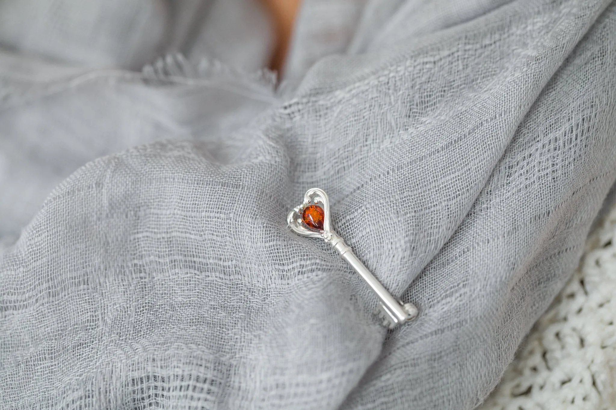 Amber Love Heart Key Brooch