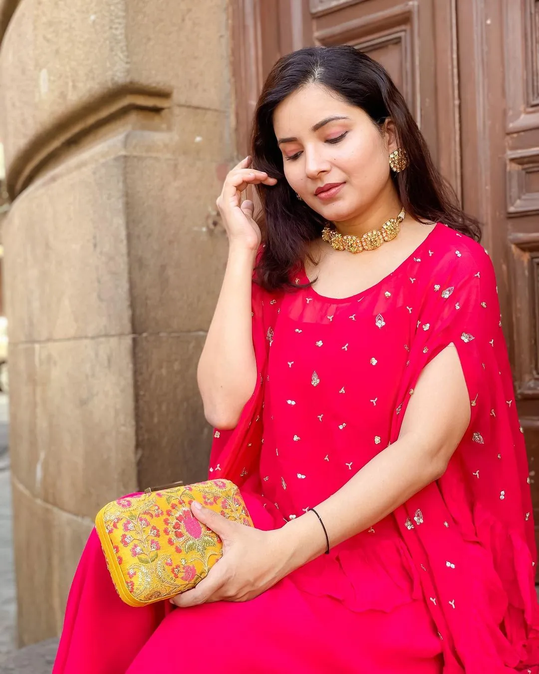 Ashu Sethi (Indyshades) in Fuchsia Jumpsuit with Ruffle Poncho