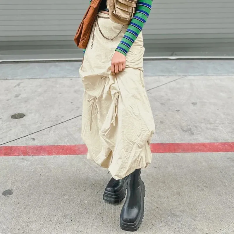 Asymmetrical Drawstring Bow Loose Long Skirt Streetwear Cargo Draped Solid Women Skirts Gorpcore Shirring Outfits