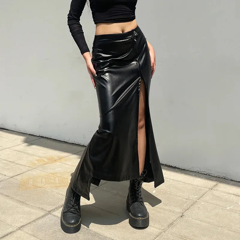 Asymmetrical Folds Black Leather Skirt Ladies Elegant Folds Zipper Sexy Long Skirt Clubwear Party Fashion Slit Bottom