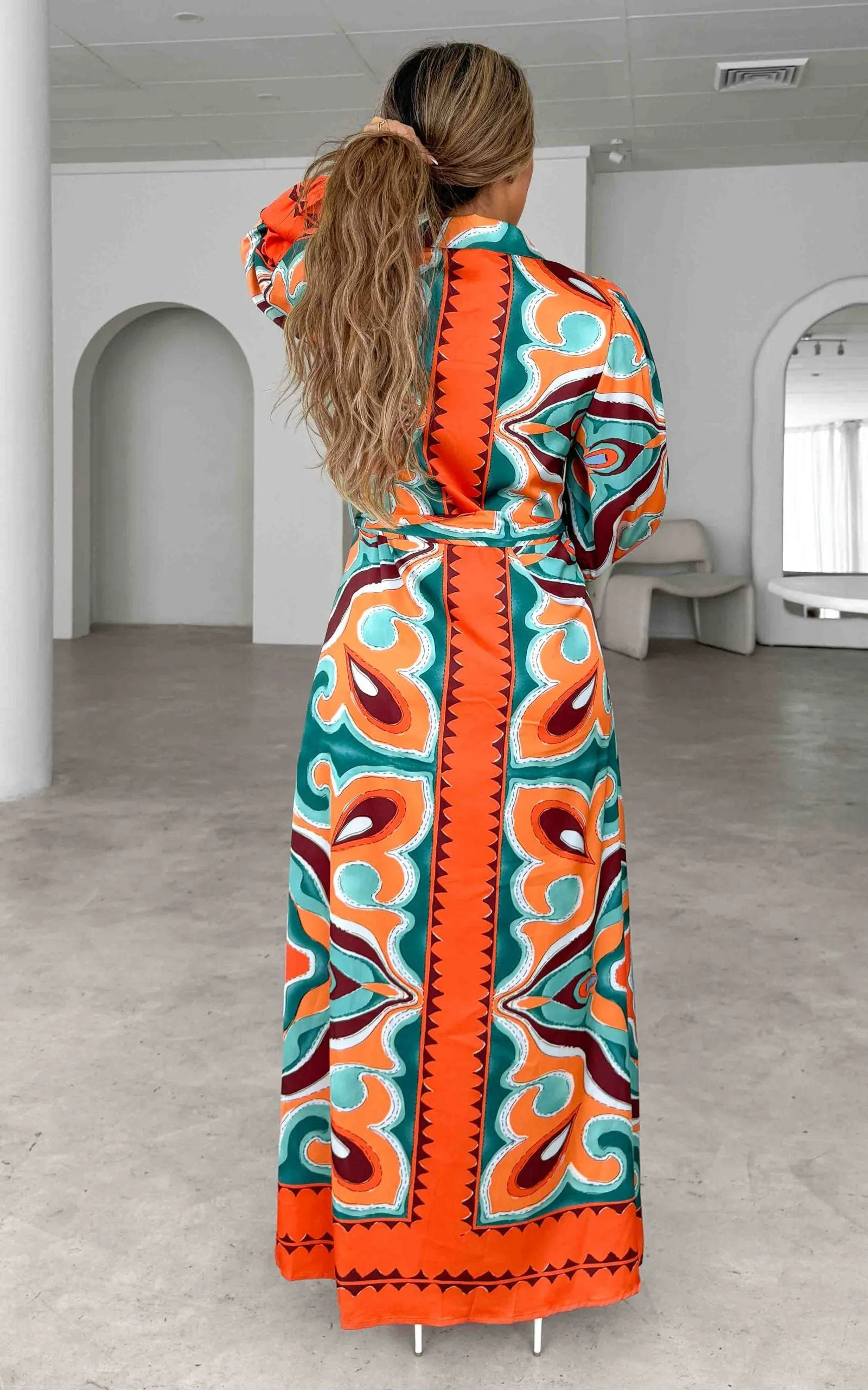 Augustine Long Sleeve Maxi Dress -  Orange Green Multi Print