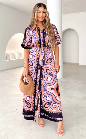 Augustine Short Sleeve Maxi Dress -  Peach Black Multi Print