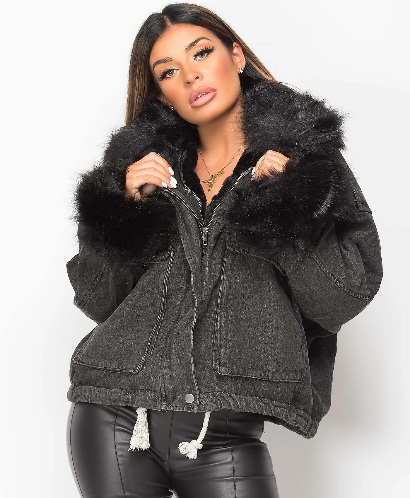 Black Black Faux Fur Trim Oversize Denim Jacket