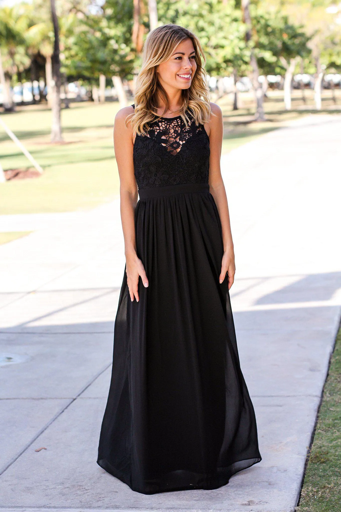 Black Crochet Maxi Dress with Open Back