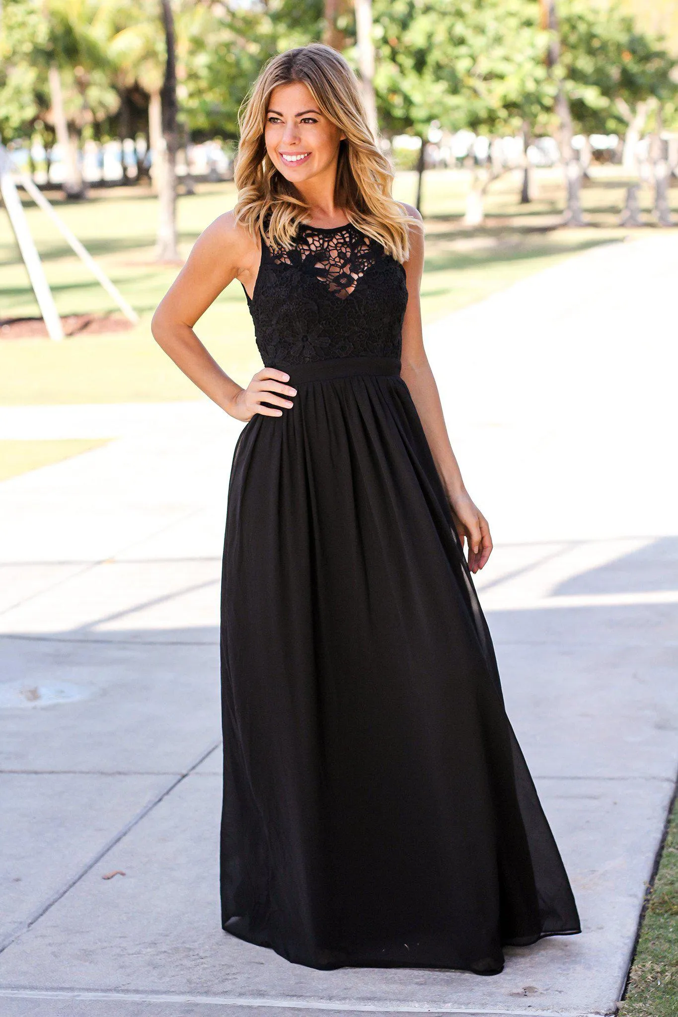 Black Crochet Maxi Dress with Open Back