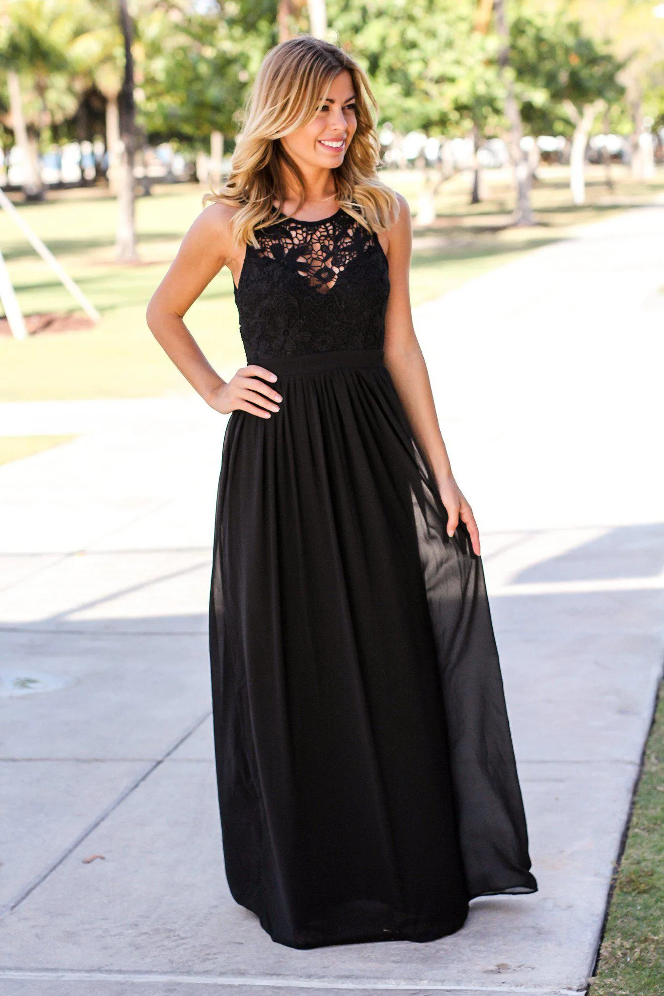 Black Crochet Maxi Dress with Open Back