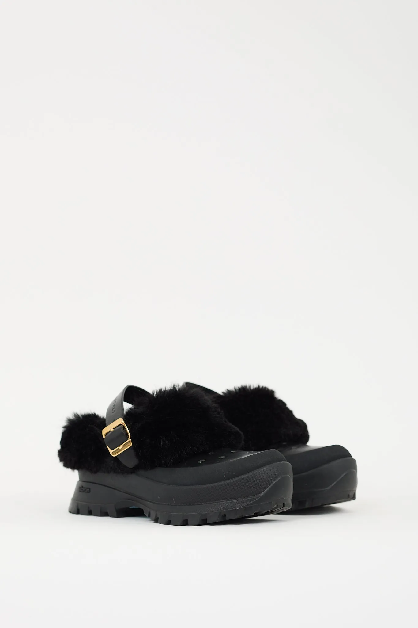 Black Faux Leather & Faux Fur Trace Mule