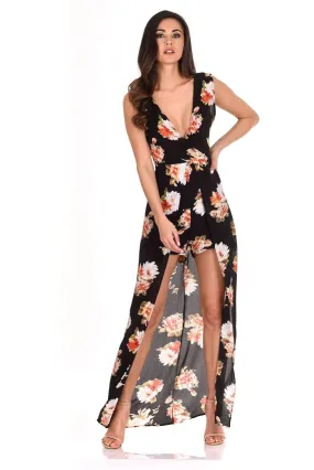 Black Floral Print Wrap Skirt Playsuit