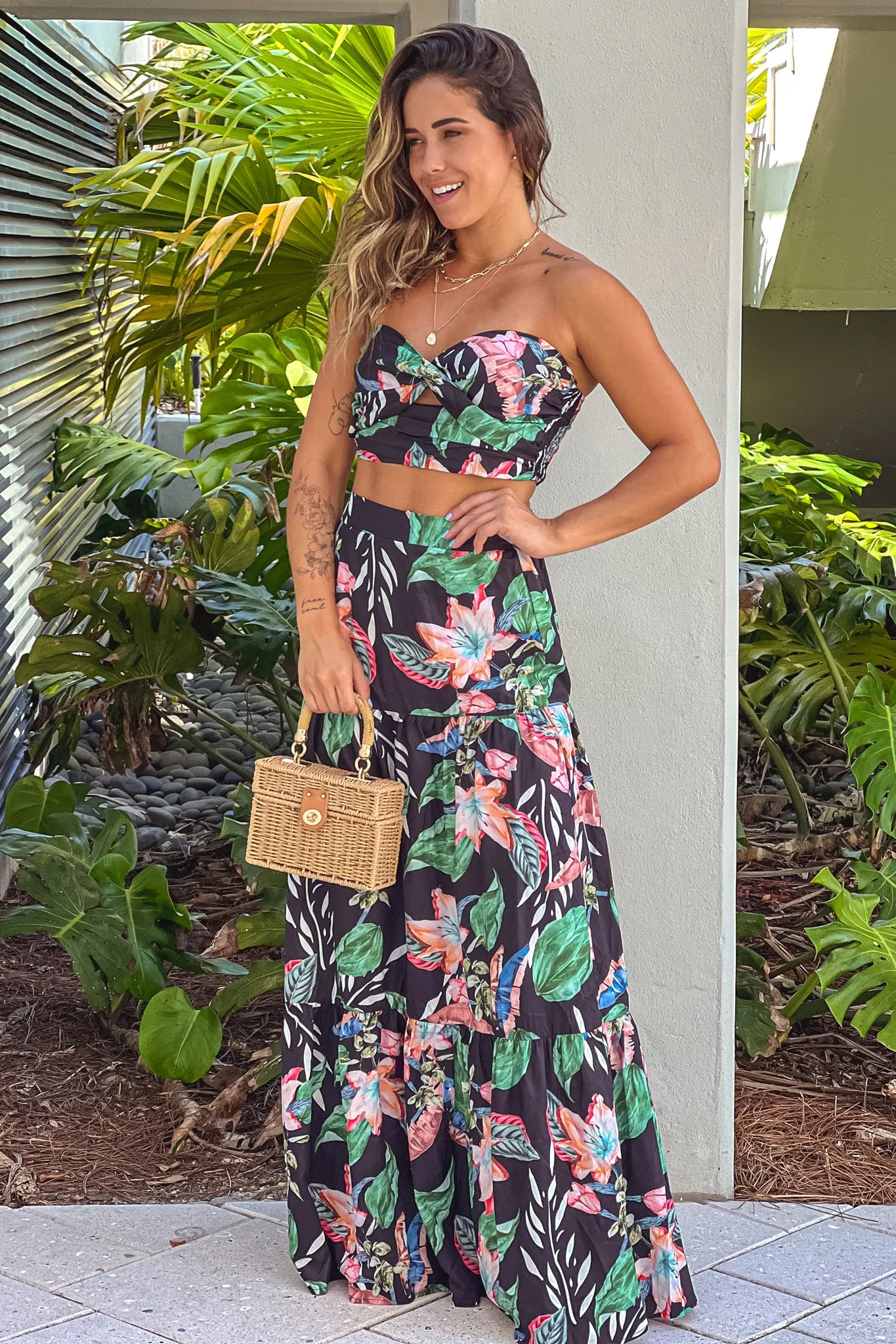 Black Floral Top and Skirt Set