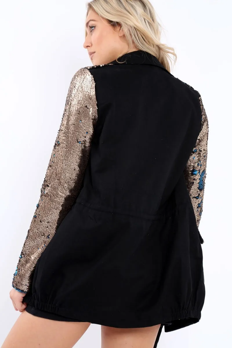 Black Sequin Sleeves and Pockets Jacket - Dakota