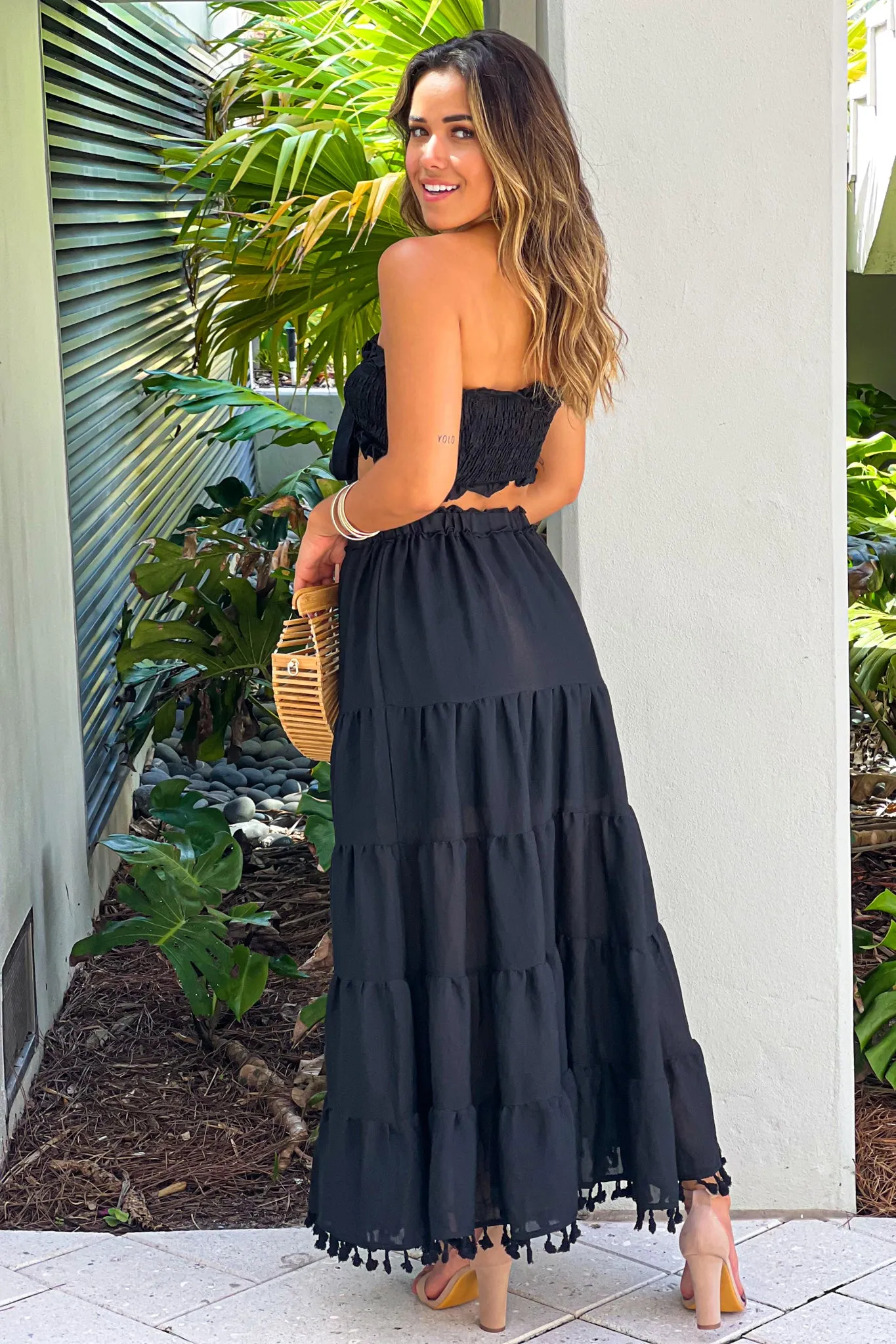 Black Smocked Top And Skirt Set