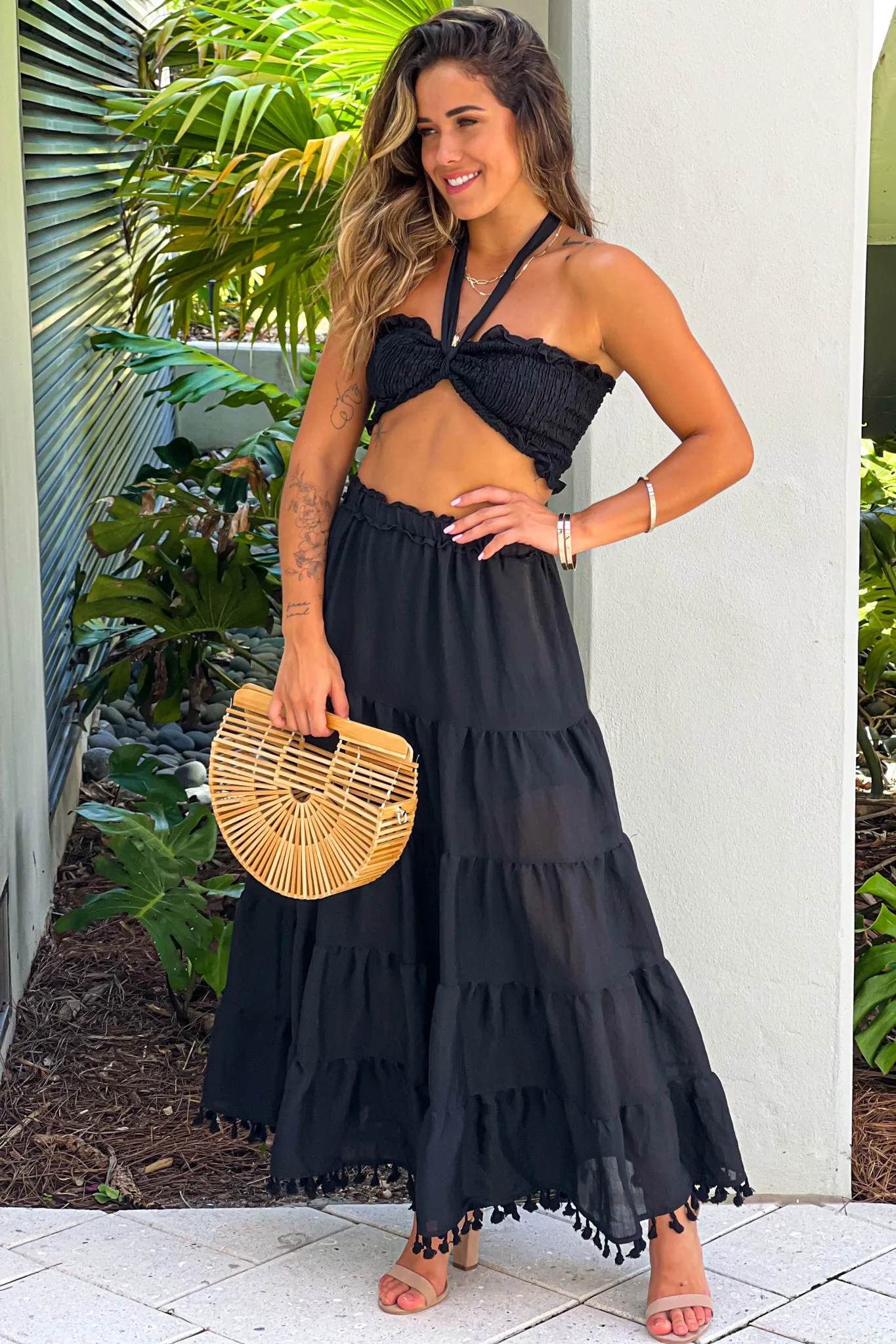 Black Smocked Top And Skirt Set