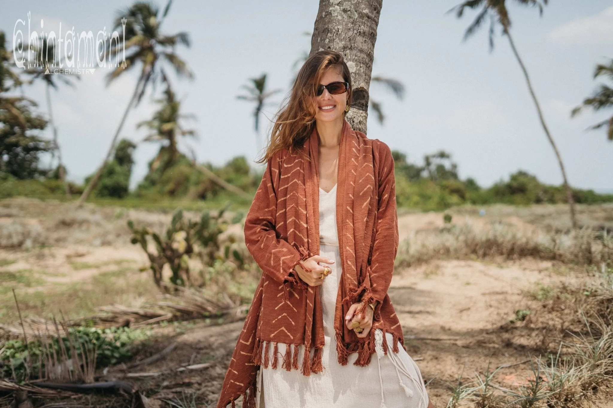 Blanket Sleeves Shawl with Block Print / Rust