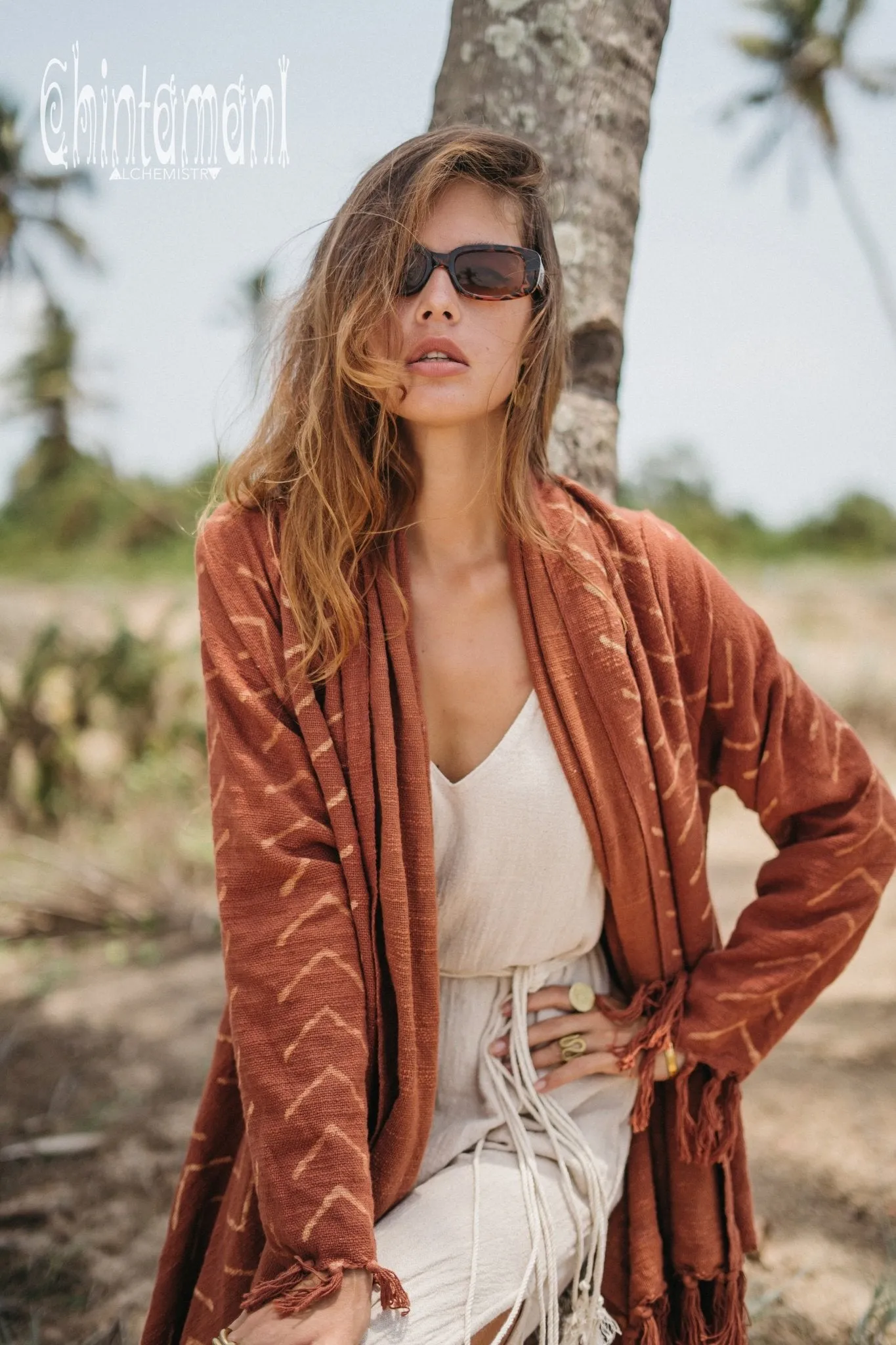 Blanket Sleeves Shawl with Block Print / Rust