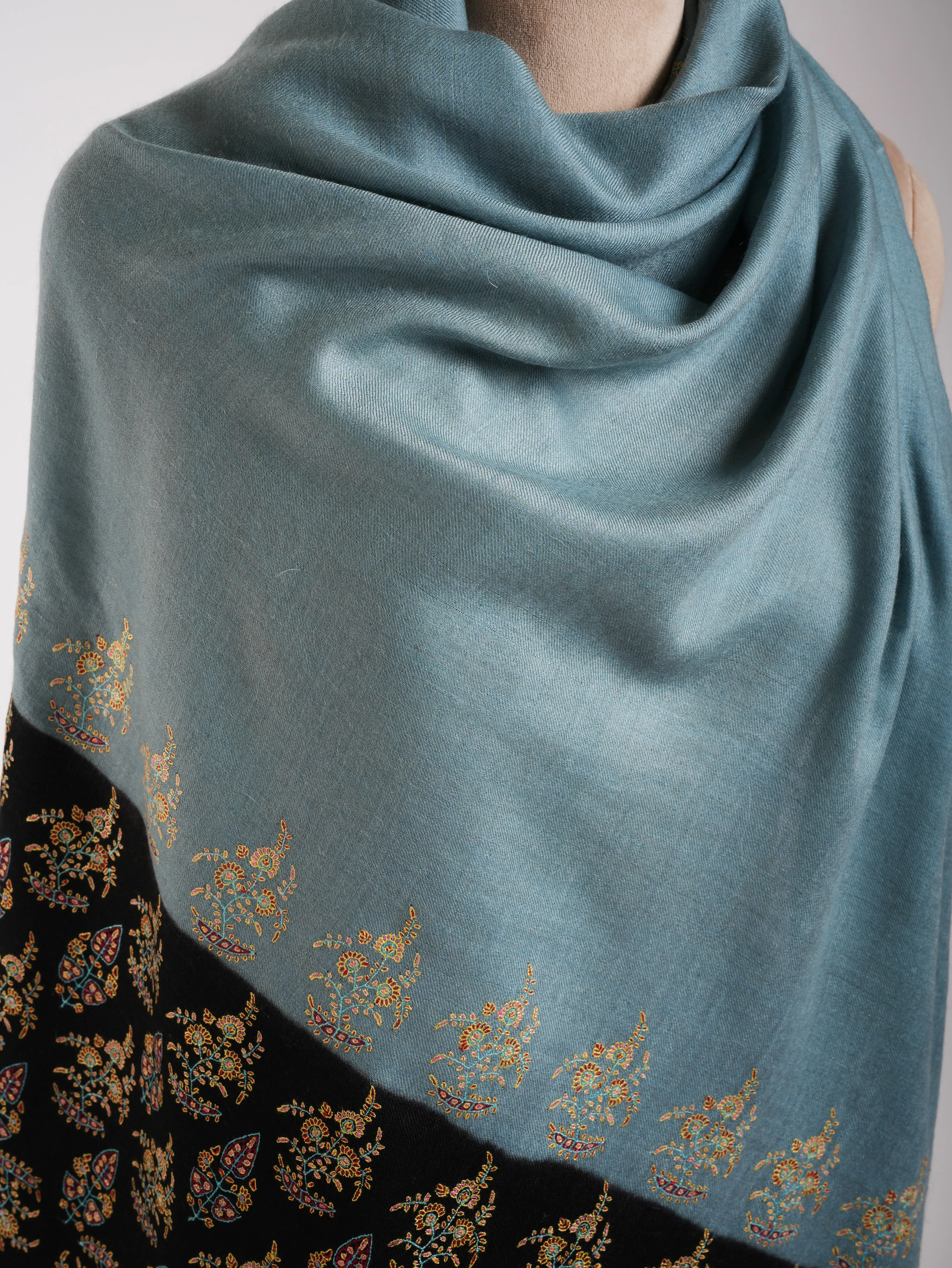 Blue and Black Palla Embroidered Kashmiri Pashmina Shawl