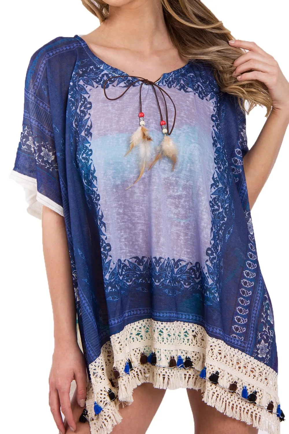 Blue Aztec Floral Print Feather Tassel Trim Poncho Kaftan