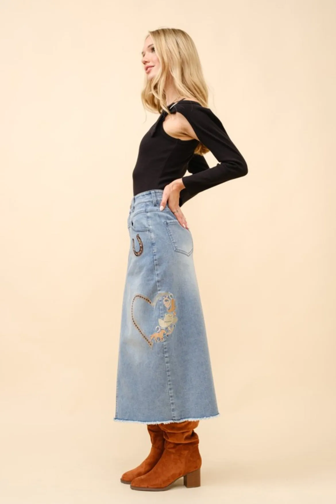 Blue B Embroidered Western Detail Denim Skirt