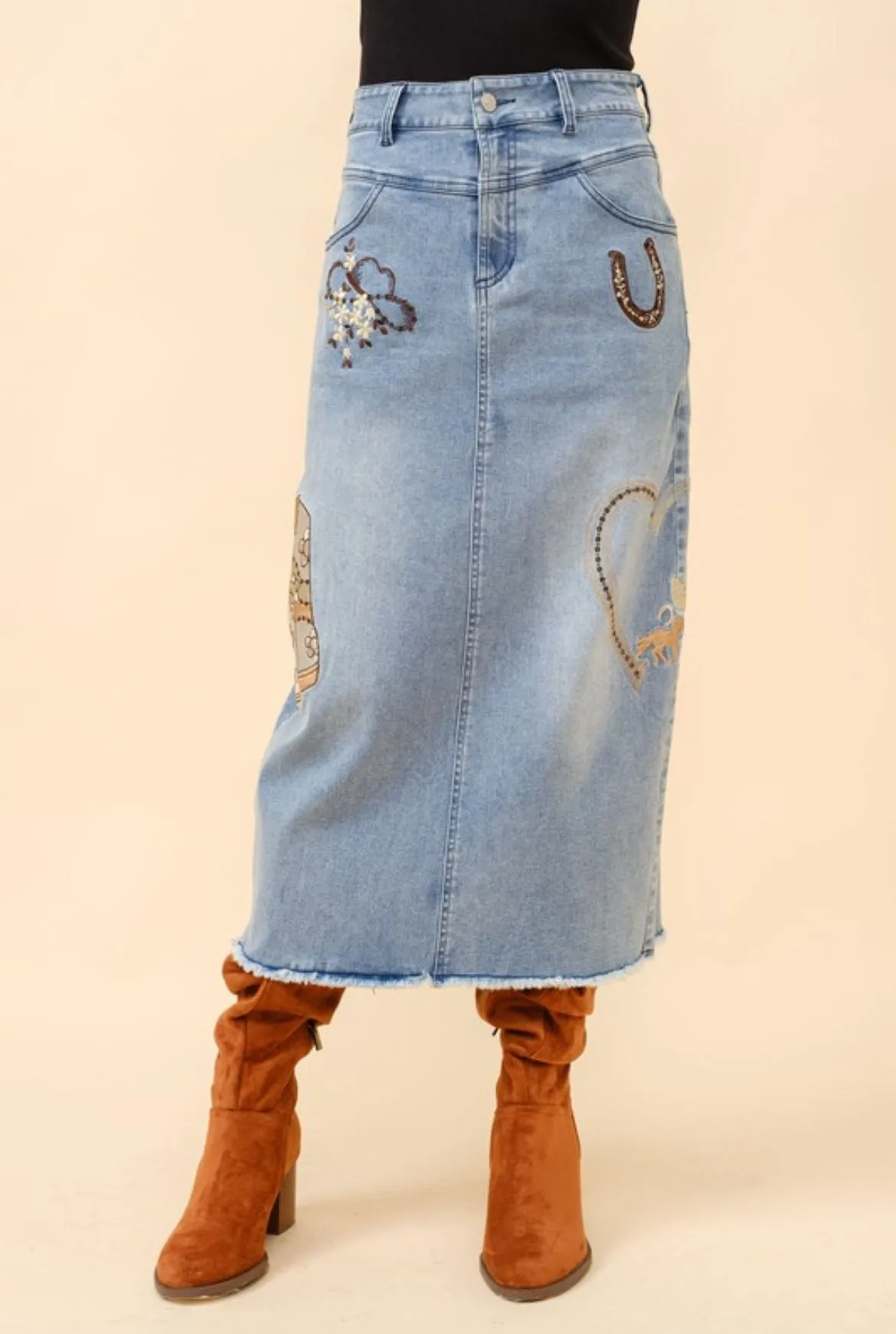 Blue B Embroidered Western Detail Denim Skirt