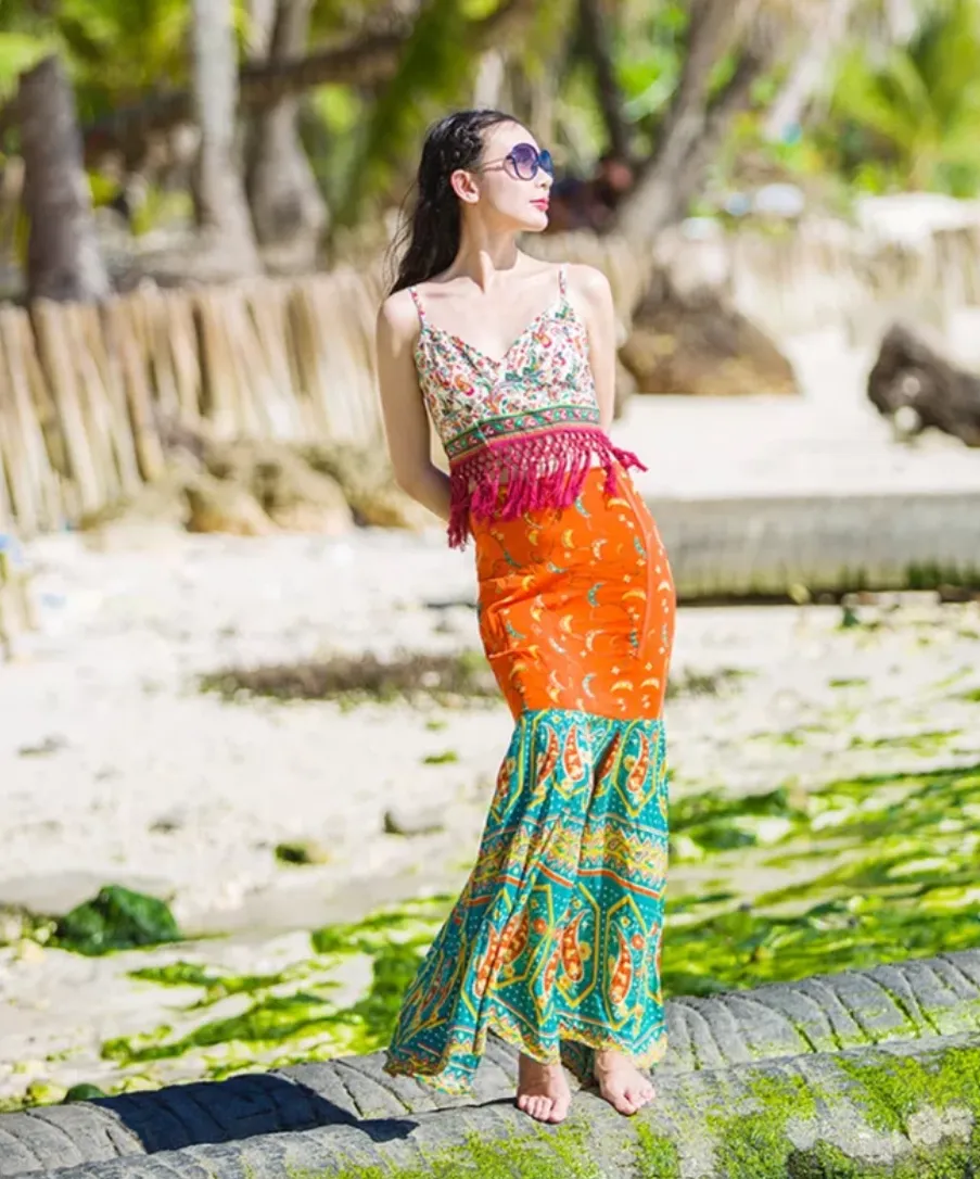 Bohemian Ethnic Wind Beach Vacation Slim Personality Fishtail Dress