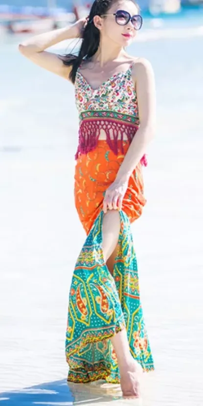 Bohemian Ethnic Wind Beach Vacation Slim Personality Fishtail Dress