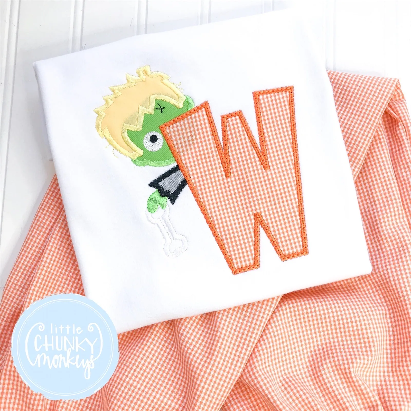 Boy Shirt - Frankenstein Applique with Initial on White Shirt