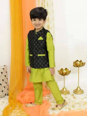 Boy's Kurta Pyjama With Jacquard Jacket Set- Green - Lil Peacock