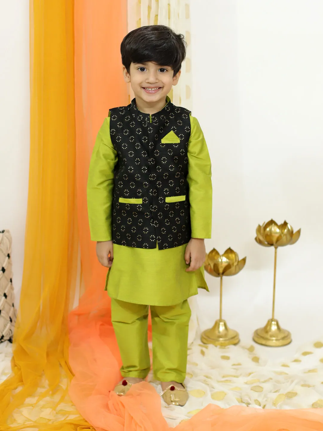 Boy's Kurta Pyjama With Jacquard Jacket Set- Green - Lil Peacock