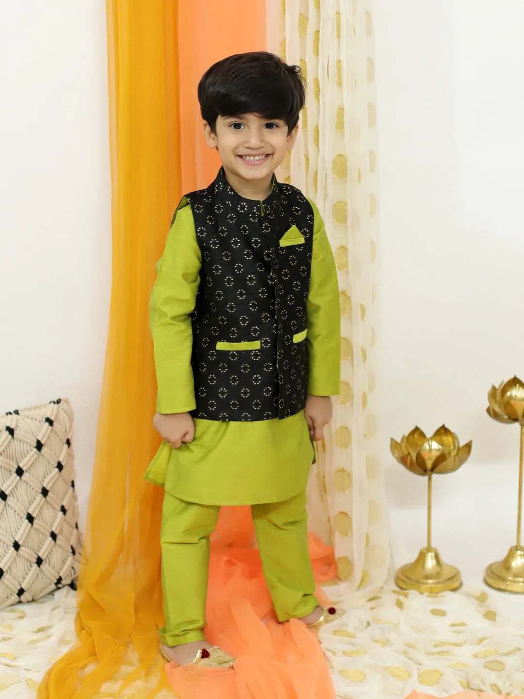 Boy's Kurta Pyjama With Jacquard Jacket Set- Green - Lil Peacock