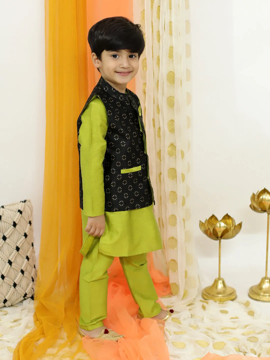 Boy's Kurta Pyjama With Jacquard Jacket Set- Green - Lil Peacock