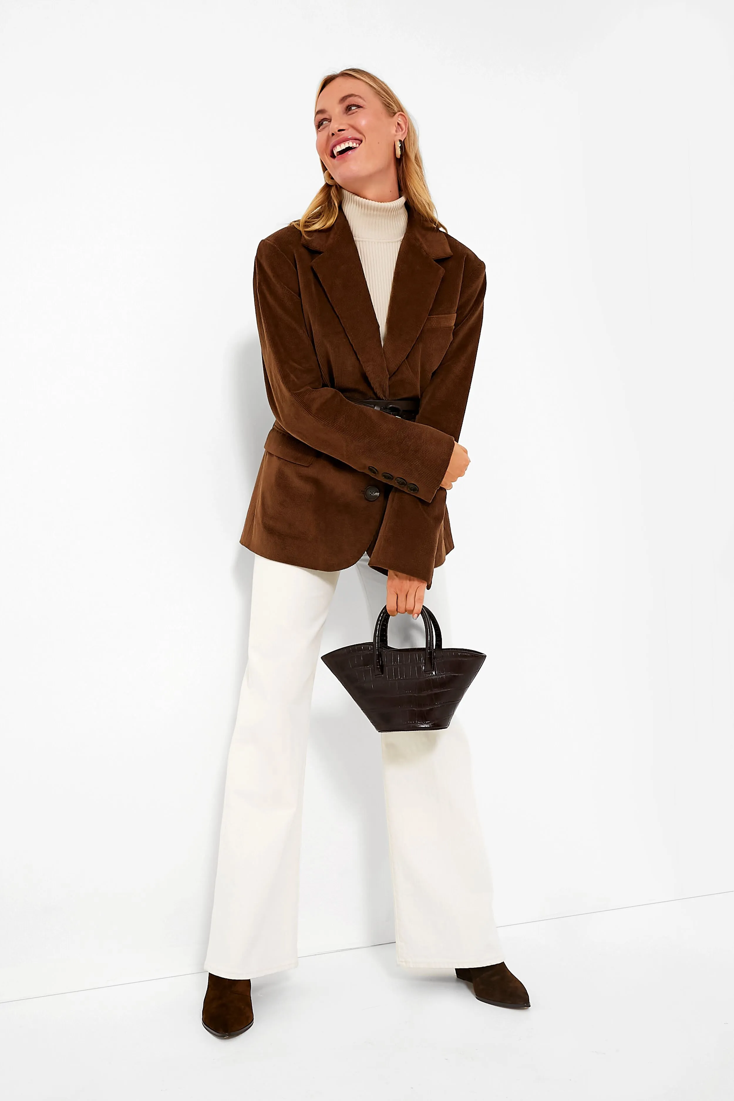 Brown Cooper Corduroy Long Sleeve Blazer with Leather Belt