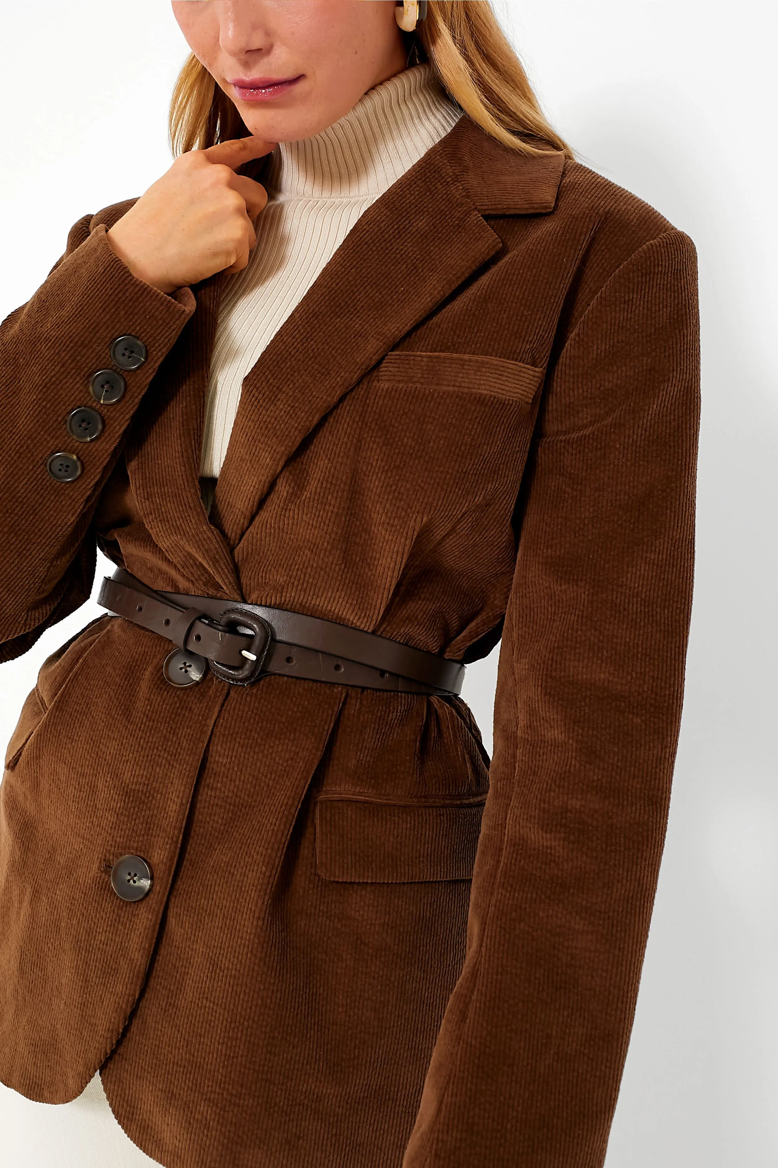 Brown Cooper Corduroy Long Sleeve Blazer with Leather Belt