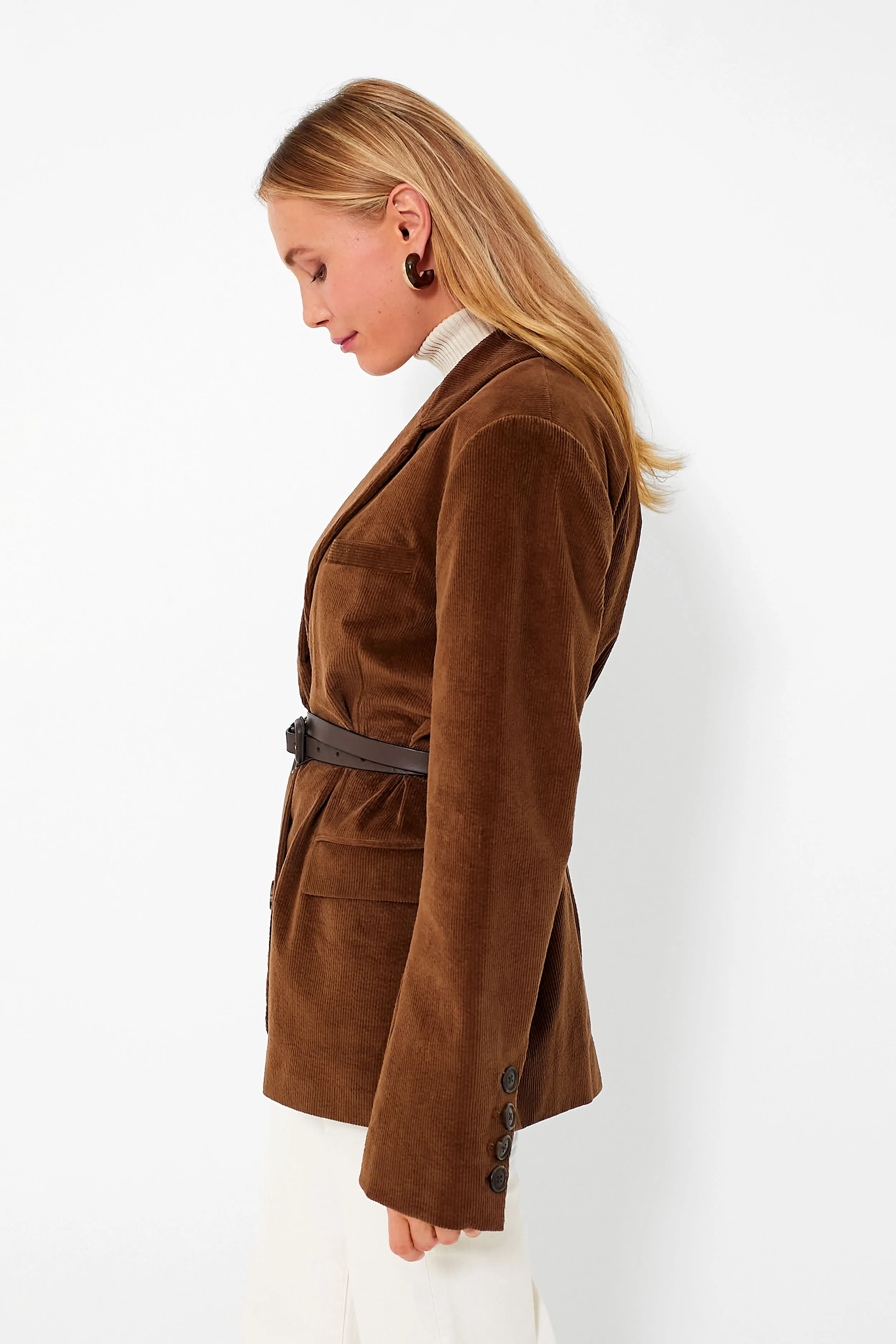 Brown Cooper Corduroy Long Sleeve Blazer with Leather Belt