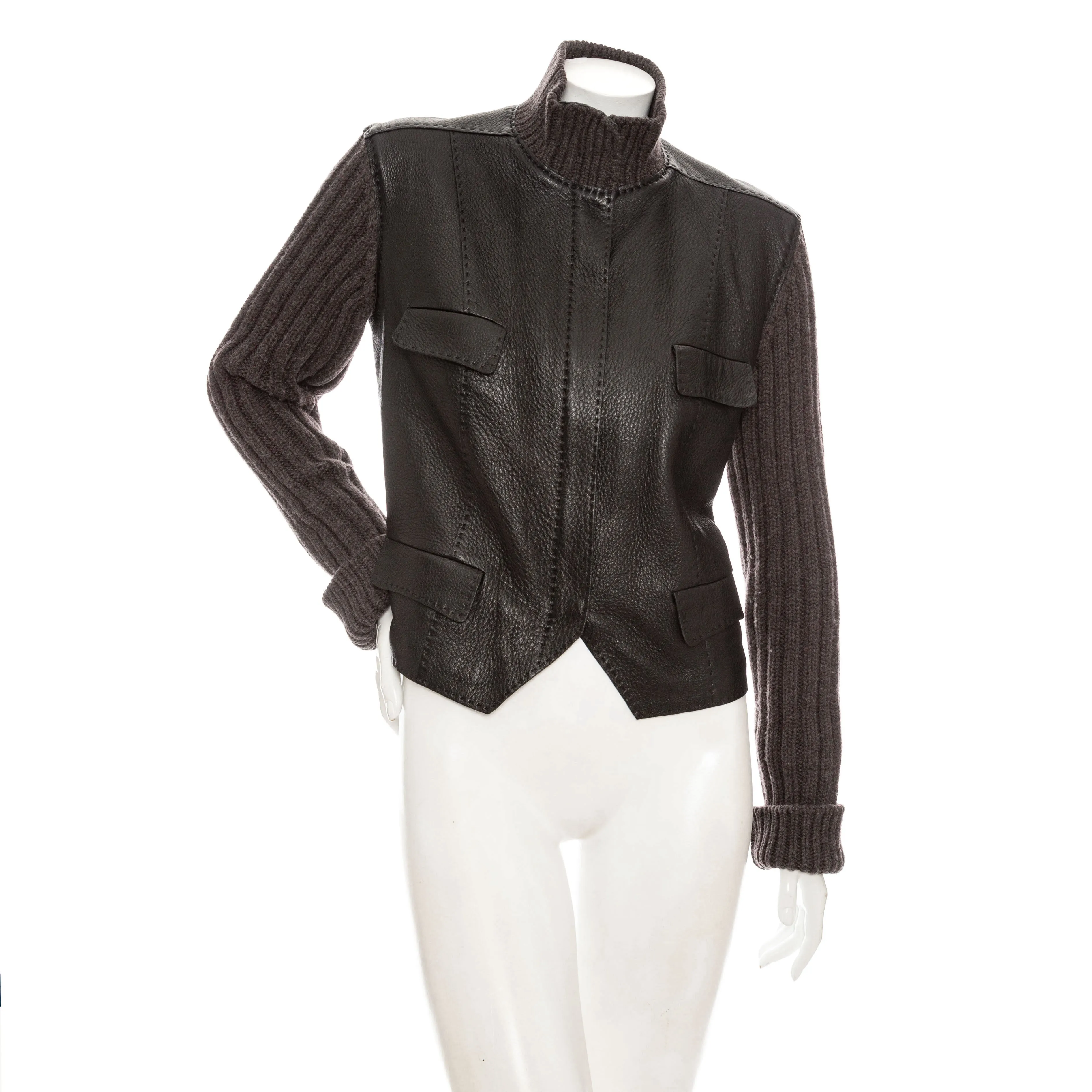 Brown Leather Knit Sleeve Biker Jacket