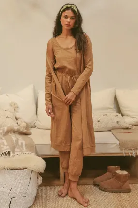 Butter Scotch Textured Jumpsuit And Long Cardigan Knit Sets