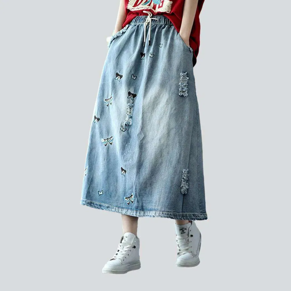 Butterfly embroidery long jeans skirt