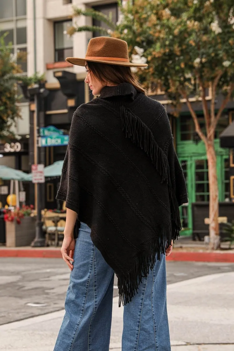 Button Neck Fringe Poncho