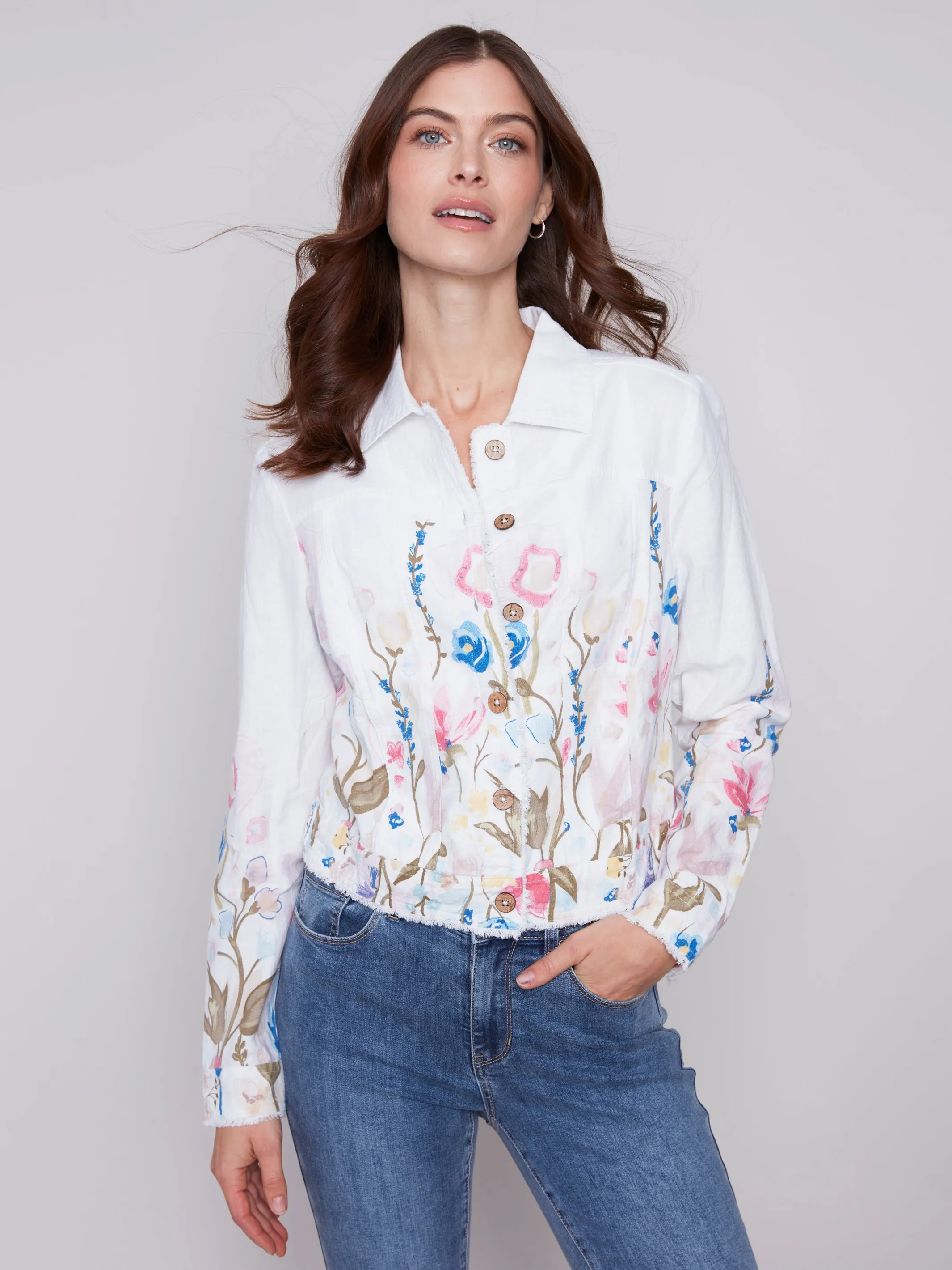 Charlie B Floral Border Linen Jacket