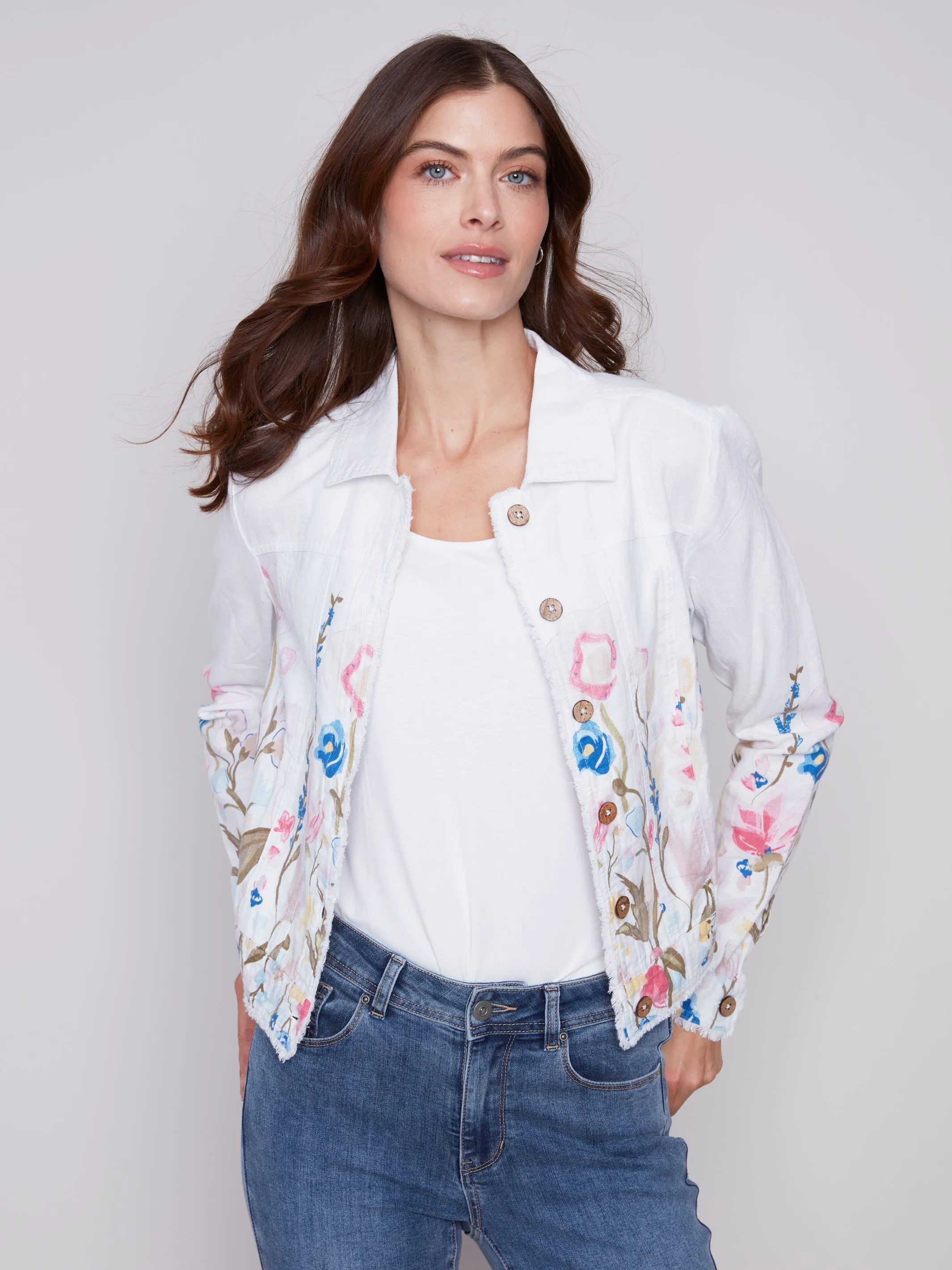 Charlie B Floral Border Linen Jacket